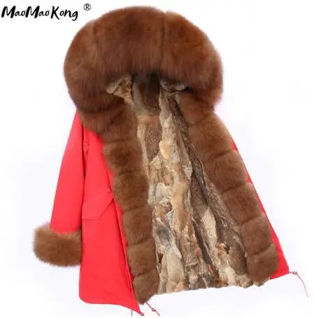 MaoMaoKong/ женская зимняя парка на меху из натурального кроличьего меха, куртка с капюшоном из натурального Лисьего меха, длинная меховая парка, верхняя одежда - Цвет: 13