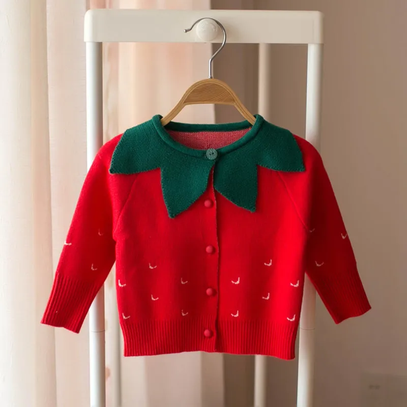 

Korean Style Strawberry Spring Girls Knitted Sweaters Petal Collar Kids Clothes Cute Baby Children Cardigan Sweater Coats