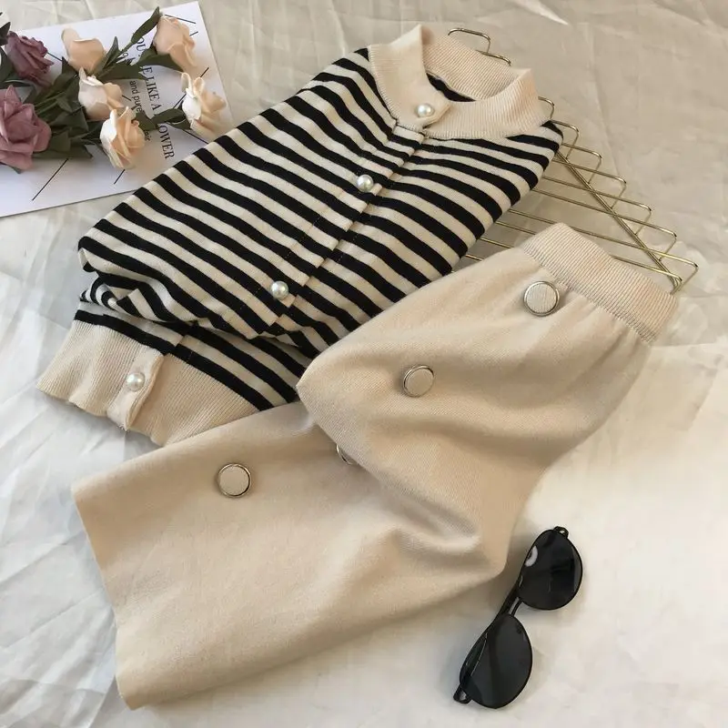 Apricot Neploe, маленький аромат, Chandal Mujer, винтажный, для взрослых, полосатый, вязаный, Женский комплект, Осень-зима, короткий кардиган+ широкие штаны, 46470 - Цвет: Apricot