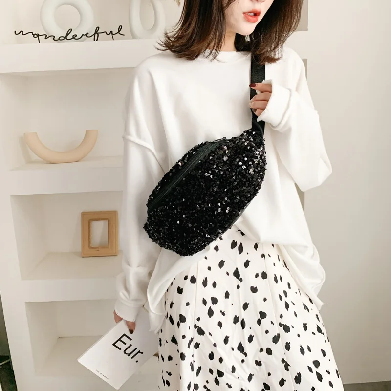 

2019 Winter New Style Sequin Wallet Adjustable Shoulder Strap Laser Fashion Chest Bag Shoulder Bag