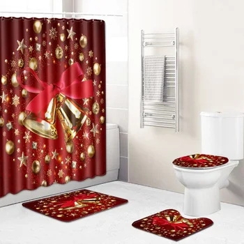

Christmas Shower Curtain Mat Combination Four-Piece Set Bathroom Toilet Carpet Shower Room Mat Mat Cross-Border Hair