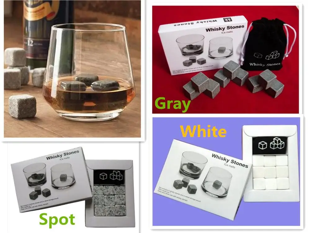 9Pcs/lot Whiskey Stones with Wooden Box& Velvet Bag Whiskey Coolers Rocks Stones Cube Stone