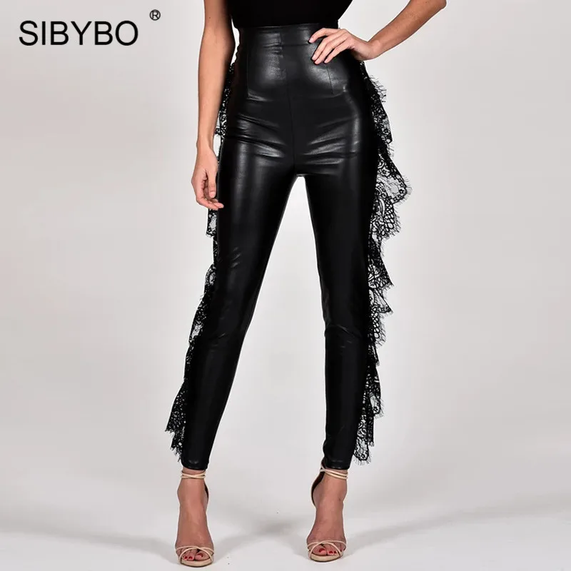 SIBYBO кружевные лоскутные брюки из искусственной кожи с высокой талией женские