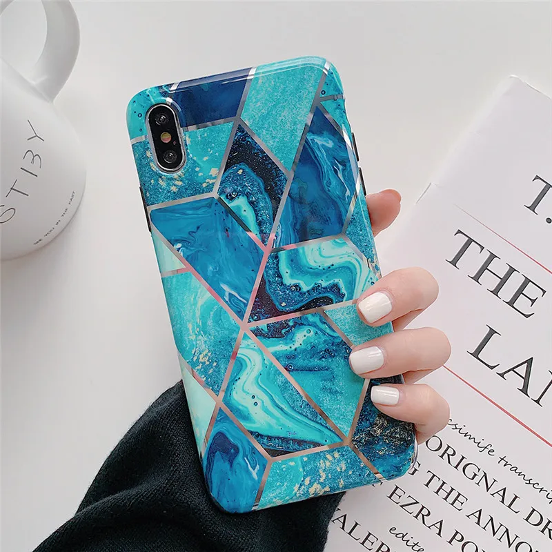 Geometric Marble Phone Cases for IPhone 11 Pro Max Textured Plywood Stylish Soft Phone Case Silicone Case Slim Protective Case - Цвет: blue Phone Cases