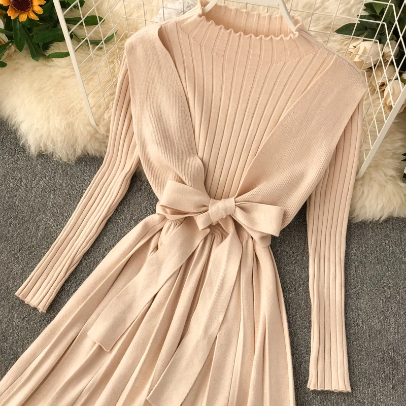 ALPHALMODA/осенне-зимнее Новое Стильное вязаное платье из 2 предметов с бантом и поясом, плиссированное ТРАПЕЦИЕВИДНОЕ женское повседневное плотное трикотажное платье