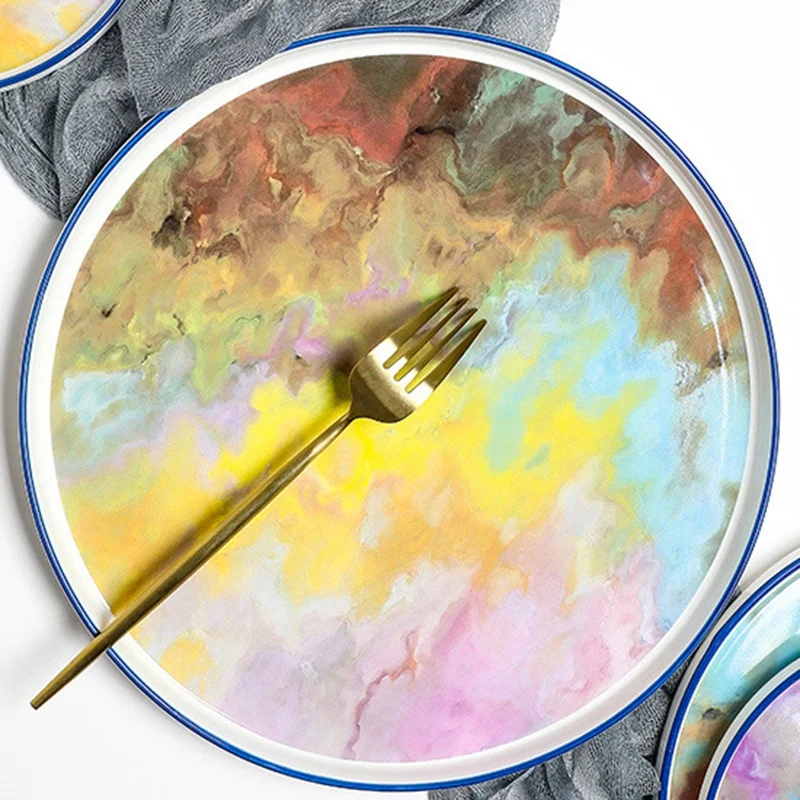 Watercolor Painting Dinner Plate Unique Hand Paint Dinnerware Set Dishwasher Microwave Oven Safe