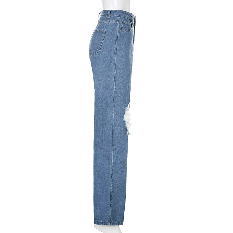 Tinggi Berlubang Rumbai Denim Celana 