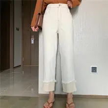 Новые корейские прямые цветные Свободные повседневные джинсы с принтом «Alien Kitty» Модные осенние джинсы с высокой талией брюки универсальные брюки