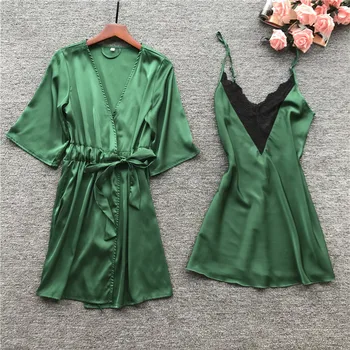 

Women Robe Sets Ladies Satin Nightrobe Nightgown Two-Piece Sets Homewear Nightdress Sleepwear Robe Lingerie Sets