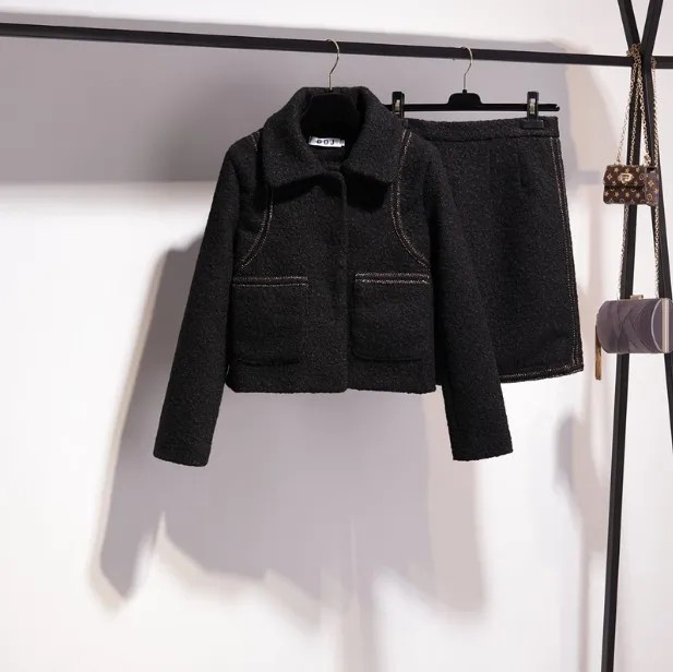 Новинка, модная Осенняя женская черная короткая шерстяная куртка, пальто+ твидовые короткие юбки, два предмета, Женские винтажные костюмы с юбкой