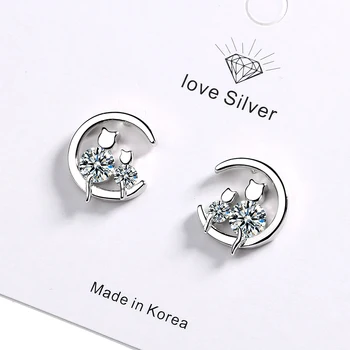 

925 Sterling Silver Sweet Moon Cat Stud Earrings Shiny Zircon Ear Stud For Women Girl Gifts Dropshipping S-E910