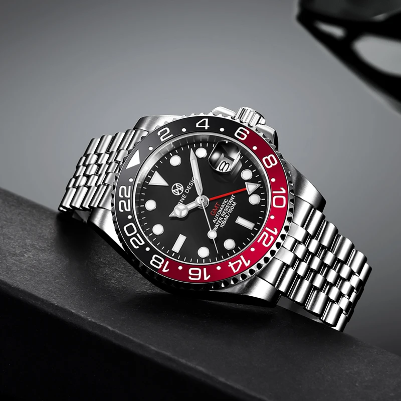 PAGRNE дизайн 40 мм Мужские часы GMT сапфир Топ бренд нержавеющая сталь