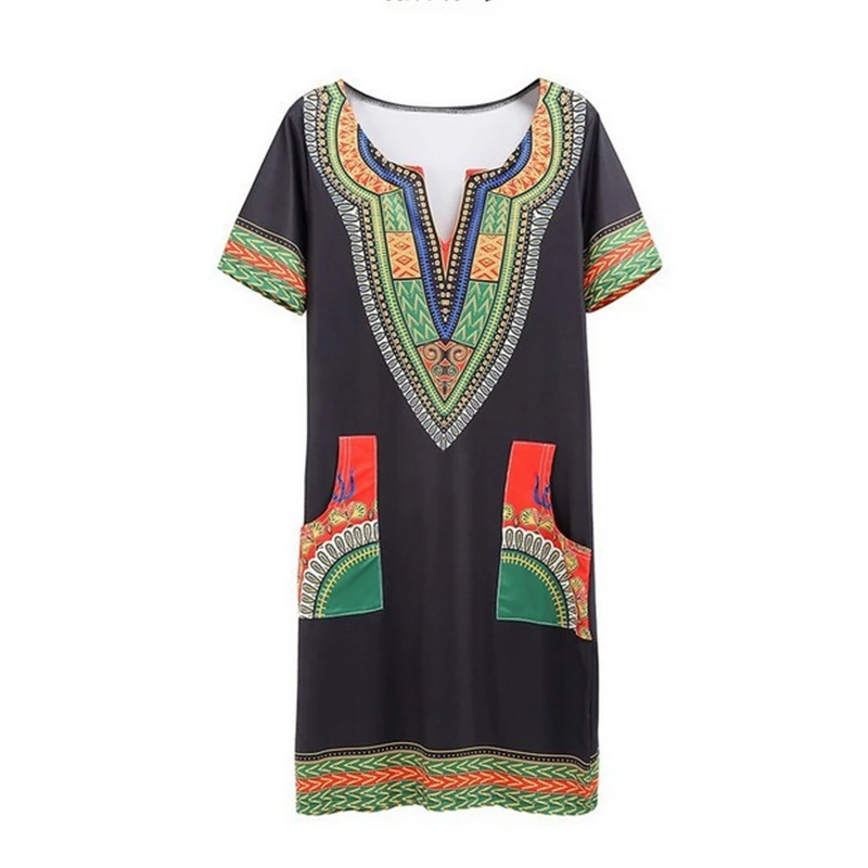 Африканский Национальный стиль платье с принтом женское летнее ретро с коротким рукавом Дашики Riche Bazin S-3XL v-образным вырезом африканская одежда для женщин - Цвет: As the picture