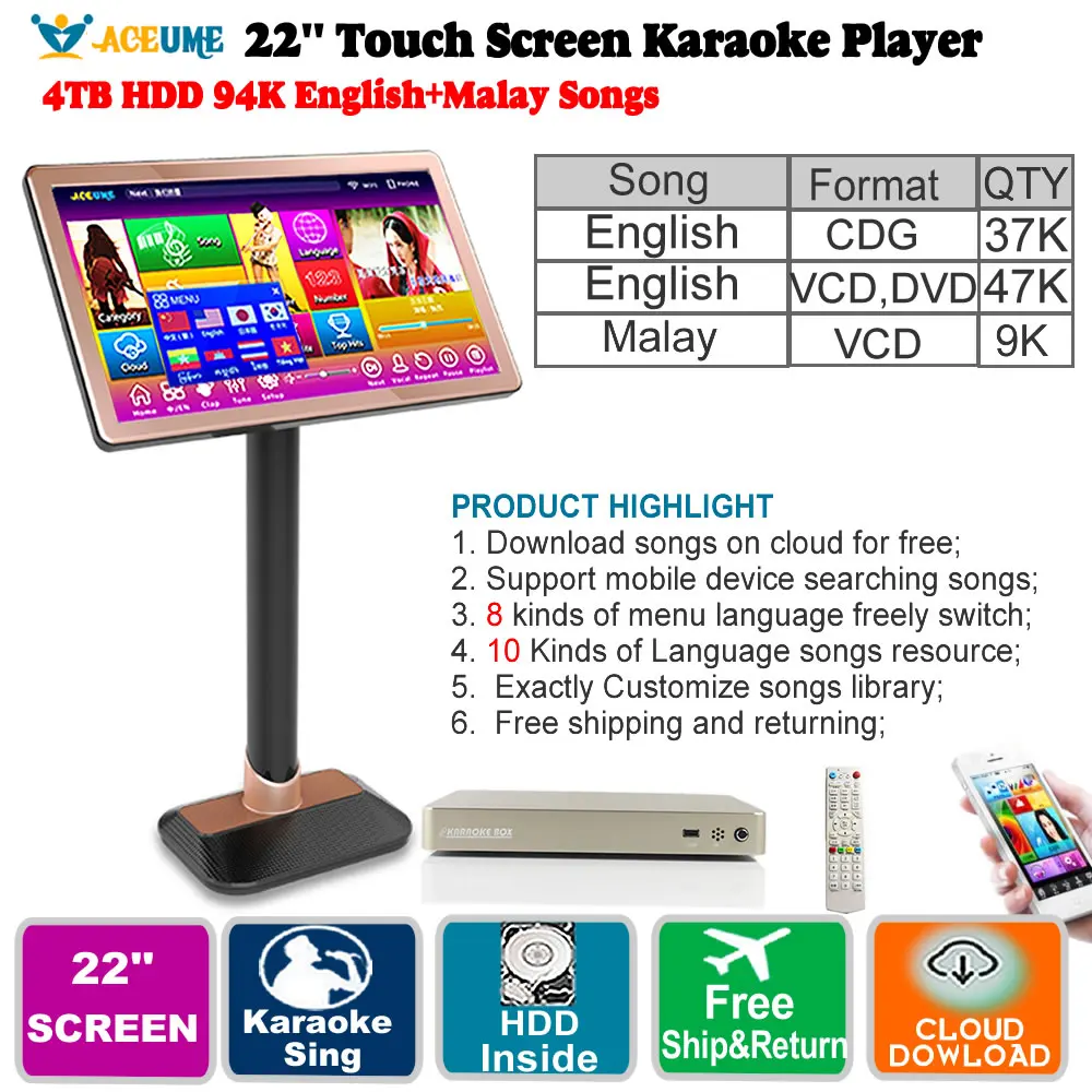 

4TB HDD 94K English,Malay,Indonesia Songs,22'',Cloud download,Multi-Language Menu,Home KTV Sings