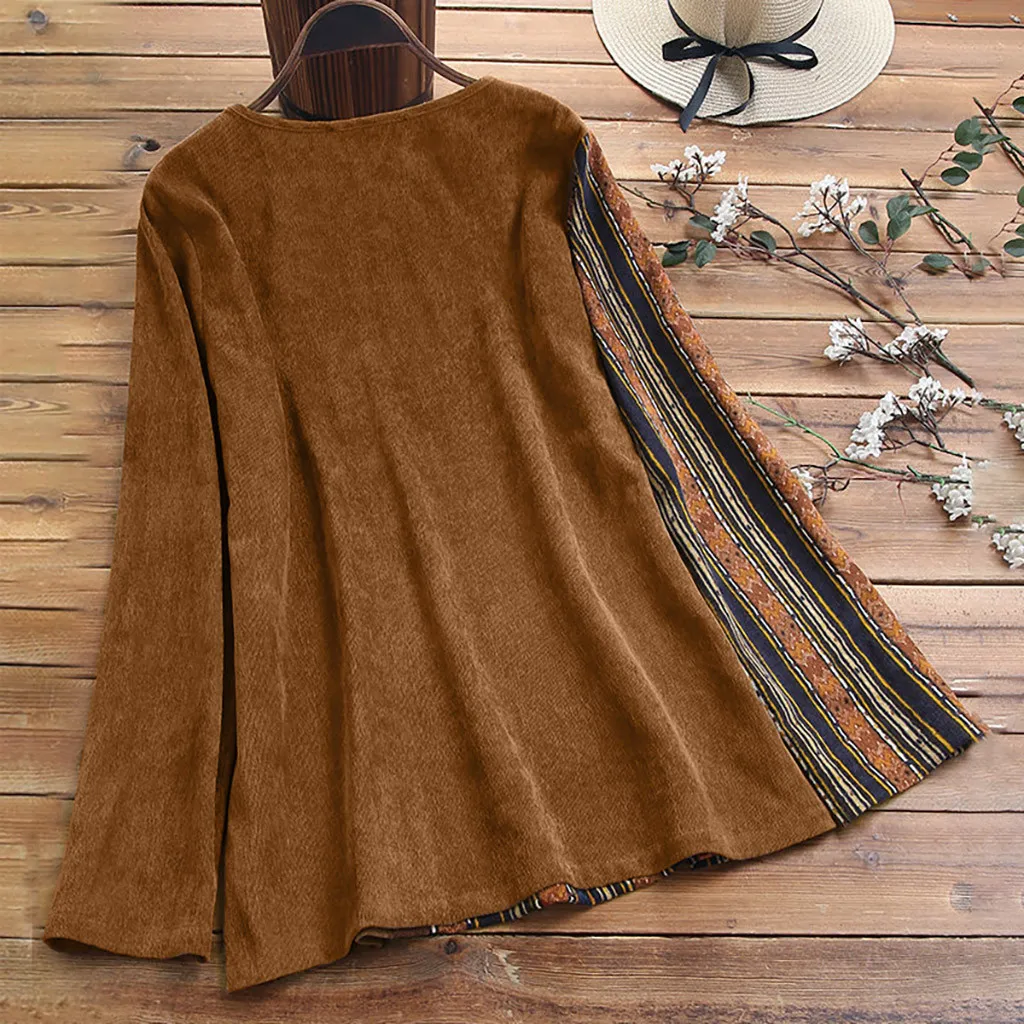 Модная женская блузка в стиле бохо размера плюс, топы в винтажном стиле, длинный рукав, вельвет, в полоску, принт, пэчворк, женский свободный пуловер, Топ# LR3