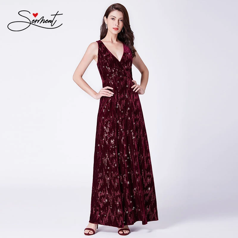 

OLLYMURS New Elegant Woman Evening Gown Sequined Velvet V-Neck Sexy Evening Dress Suitable for Formal Parties