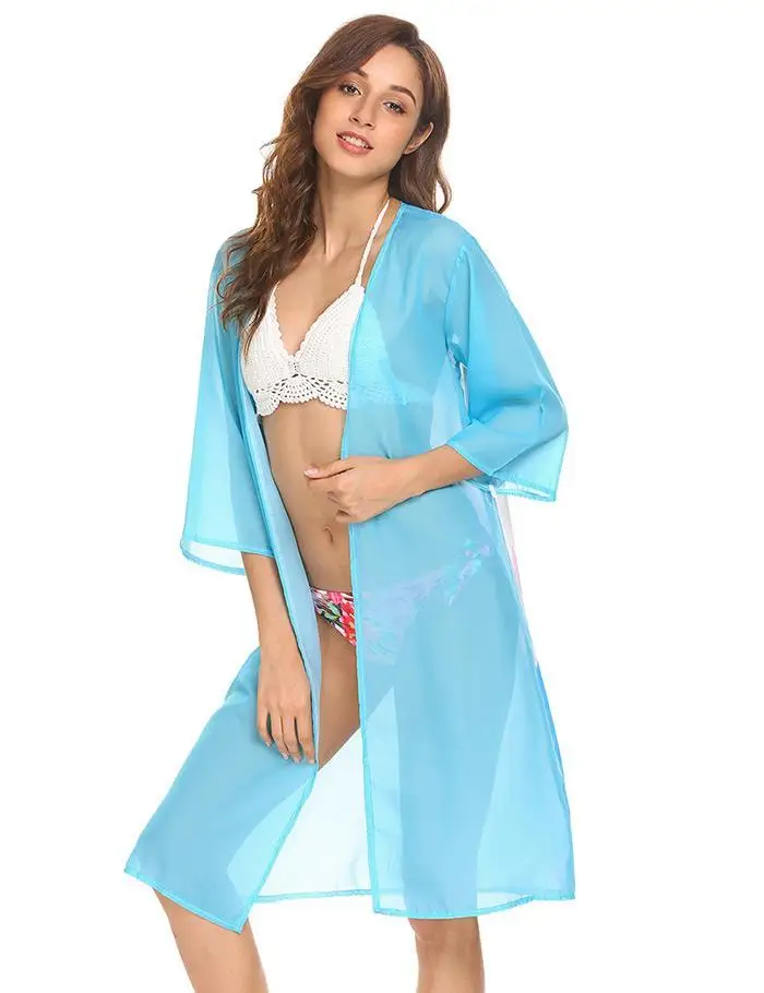 Women Casual 3/4 Sleeve Open Front Print Long Casual, Beach Chiffon Blue Long Loose Bikini Cover Up