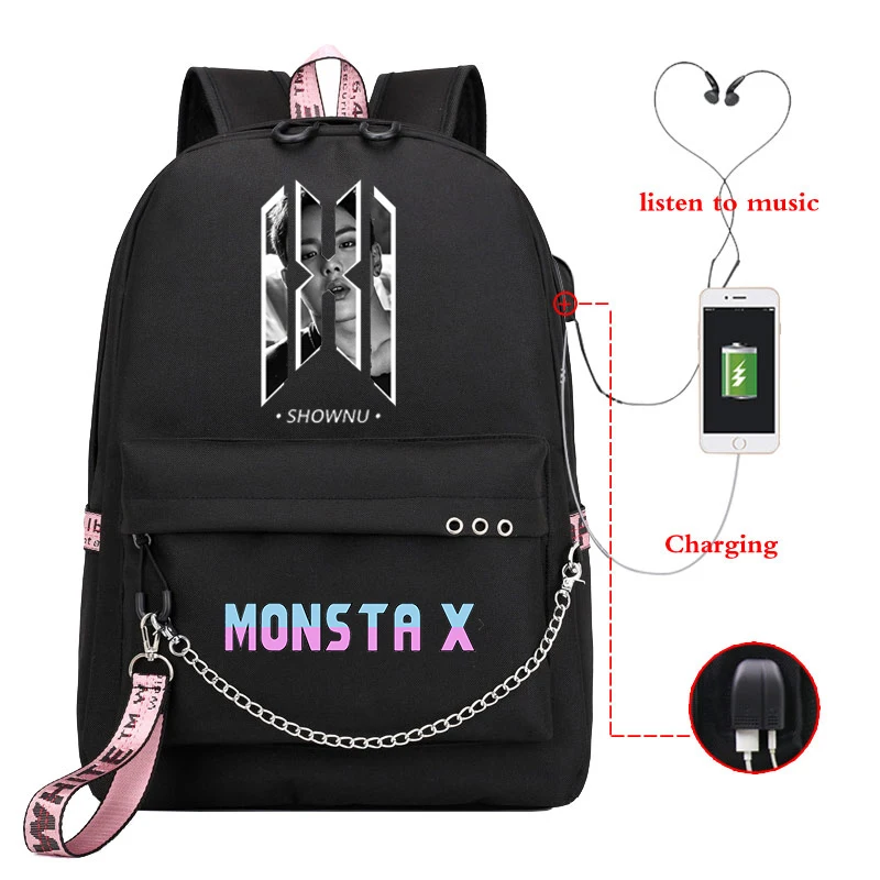Mochila MONSTA X Рюкзак KPOP Bookbag школьные сумки для девочек-подростков женский рюкзак Usb зарядка Рюкзак для ноутбука рюкзак для путешествий - Цвет: 810-JX-MONSTA 18