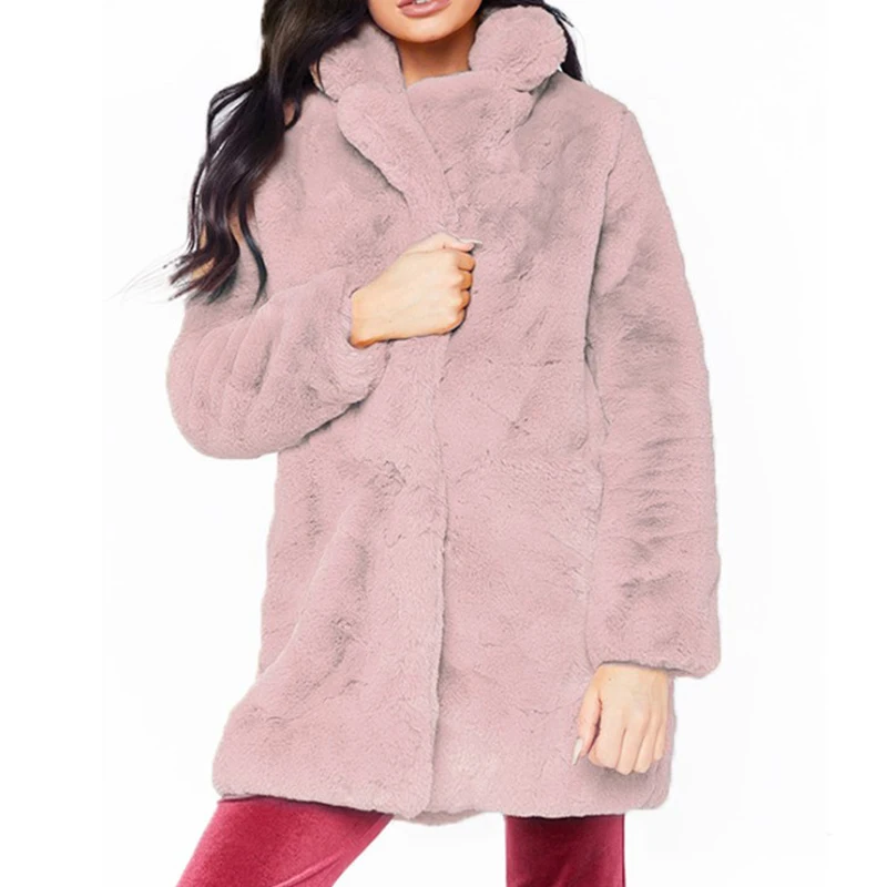 Missufe/пальто из искусственного меха для женщин, длинный рукав, теплая, средней длины, однотонная куртка, плюс размер, зимнее пальто с мехом, кардиган, верхняя одежда с кроличьим мехом
