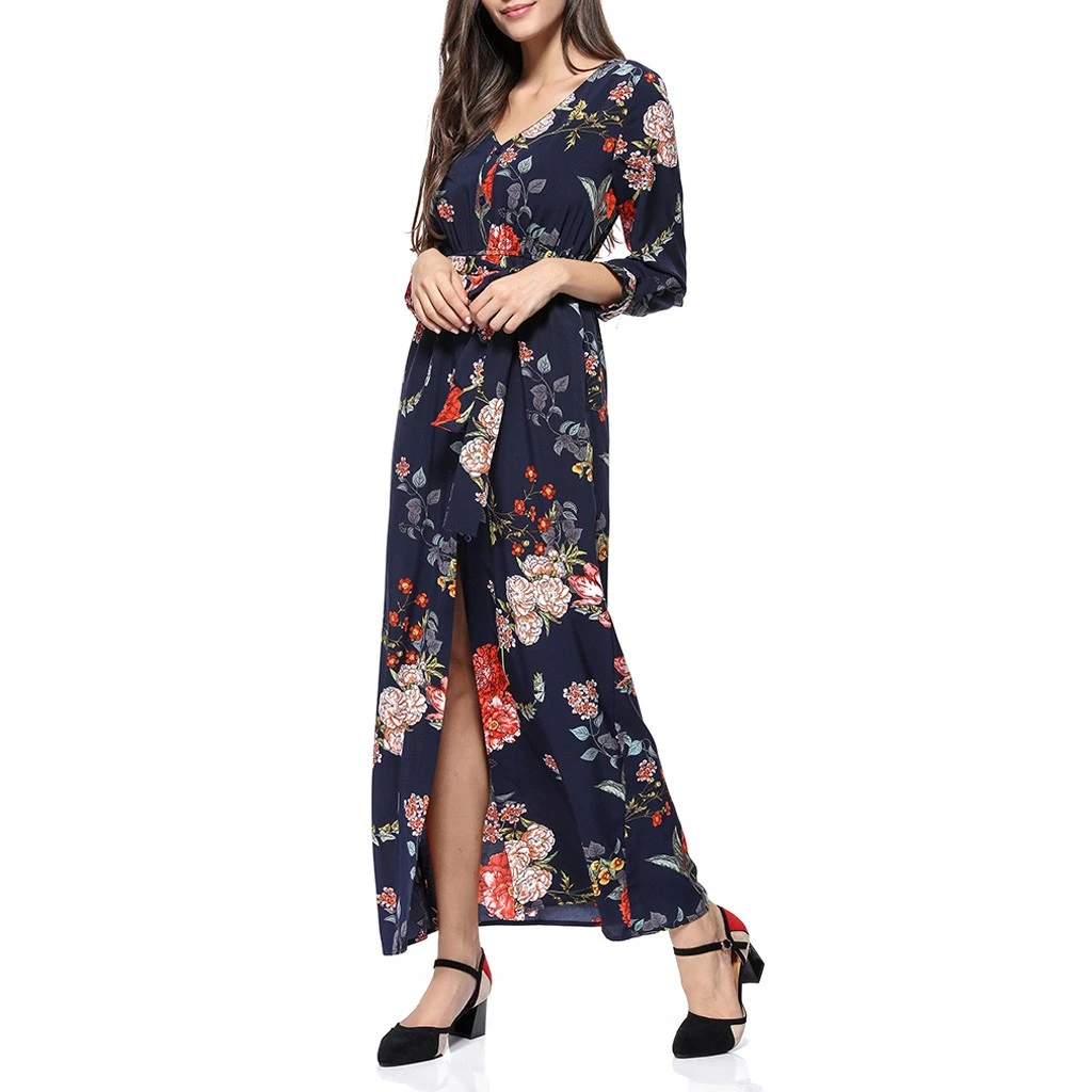 Loose Dresses Long Sleeve Winter Bohemian Beach Women Floral Print  Runway Dress Autumn Party Night Sundress Vestidos 822