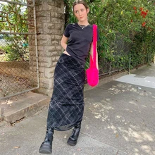 

Sunny y.j. Plaid Print Black Goth Black Skirt High Waist Vintage Summer Beach Straight Long Skirt Hippie Mesh Gothic Cloth