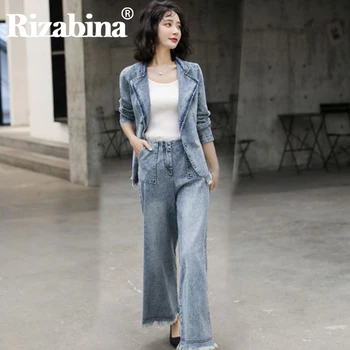

Rizabina Women Clothes Fashion Two Piece Trousers Denim Suit Jacket And Wide Leg Pants New Style Daily FasHion Dress Classics