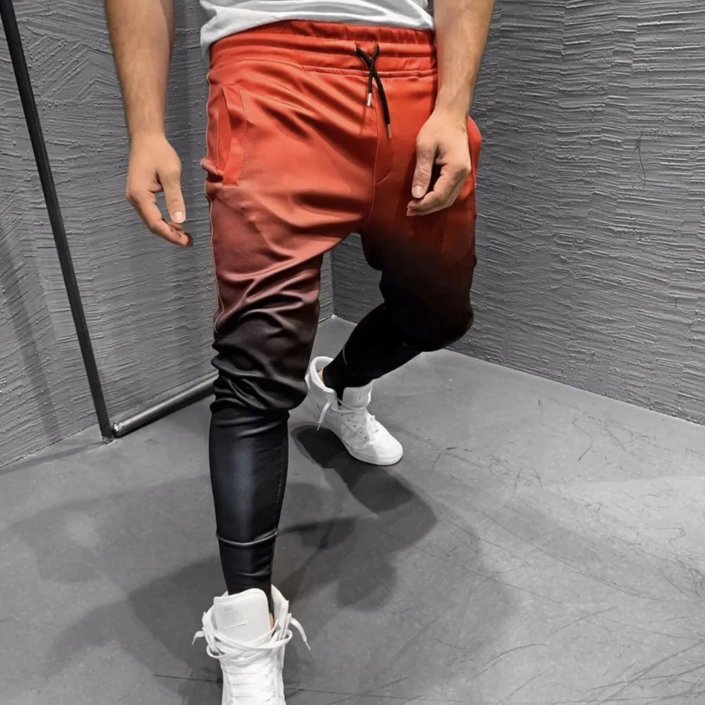 

2019 Fashion Men Gradient Pants Hip Pop Sport Long Pants Gym Slim Fit Drawstring Pencil Pants Men's Lace-up Long Trousers
