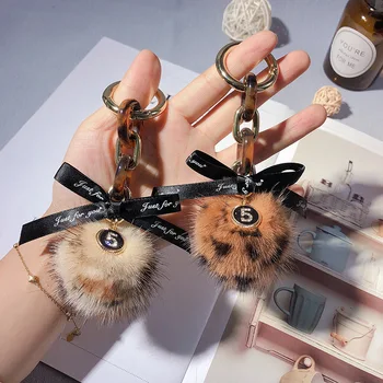 

Autumn Winter New Leopard Mink Ball Key Chain Chain Bow Car Key Ring Fashion Bag Charm Pendant Fur Keychain