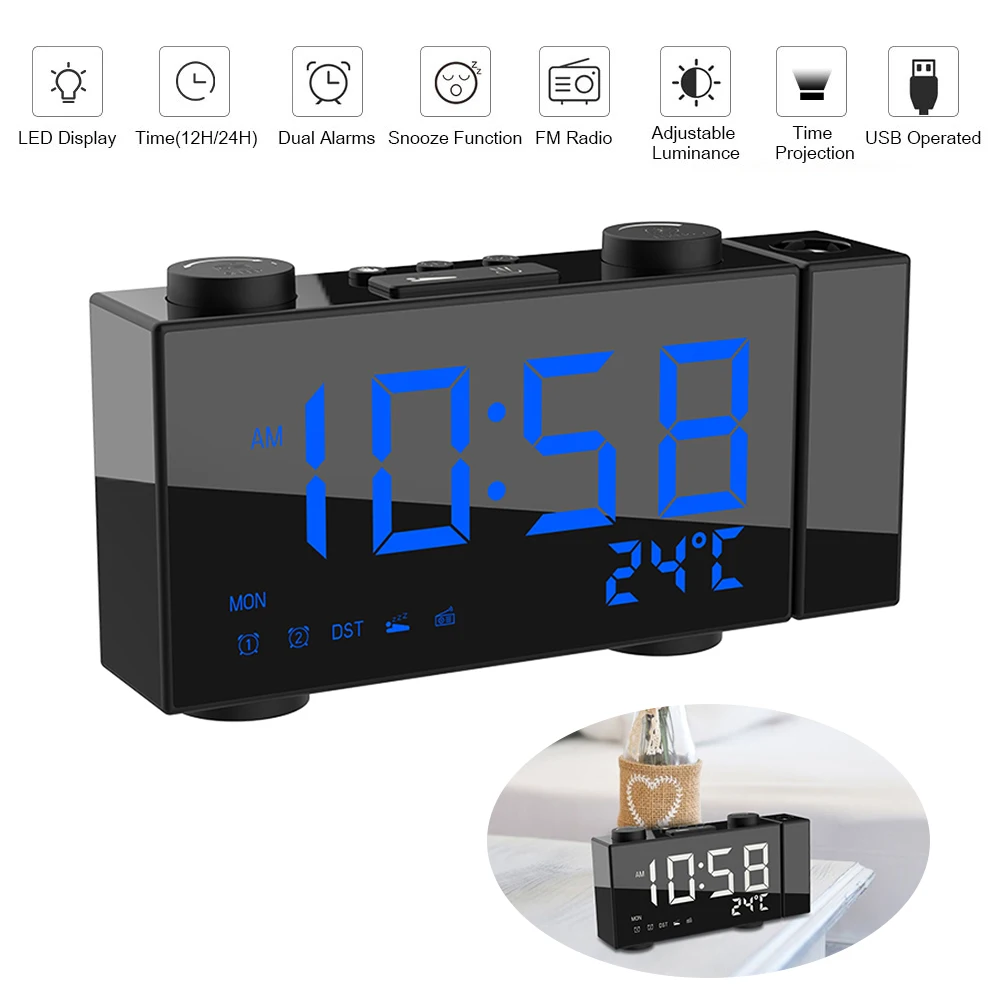 Projection Clock LED Mirror Display Digital Clock with FM Radio Office Black blue USB Charger 4 Levels of Brightness for Home Alarm Clock Kids with Ultra-Clear Projection and Easy to Use