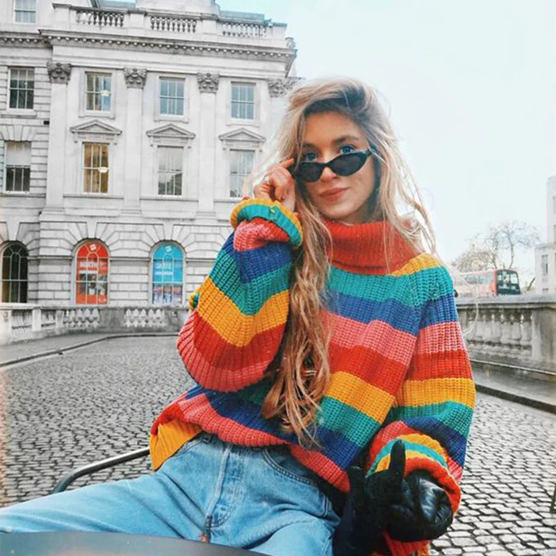 2019 new women's Rainbow Color Striped Knit Pullover Autumn Winter Large size sweater coat Ladies Loose Knitwear Female Tops | Женская