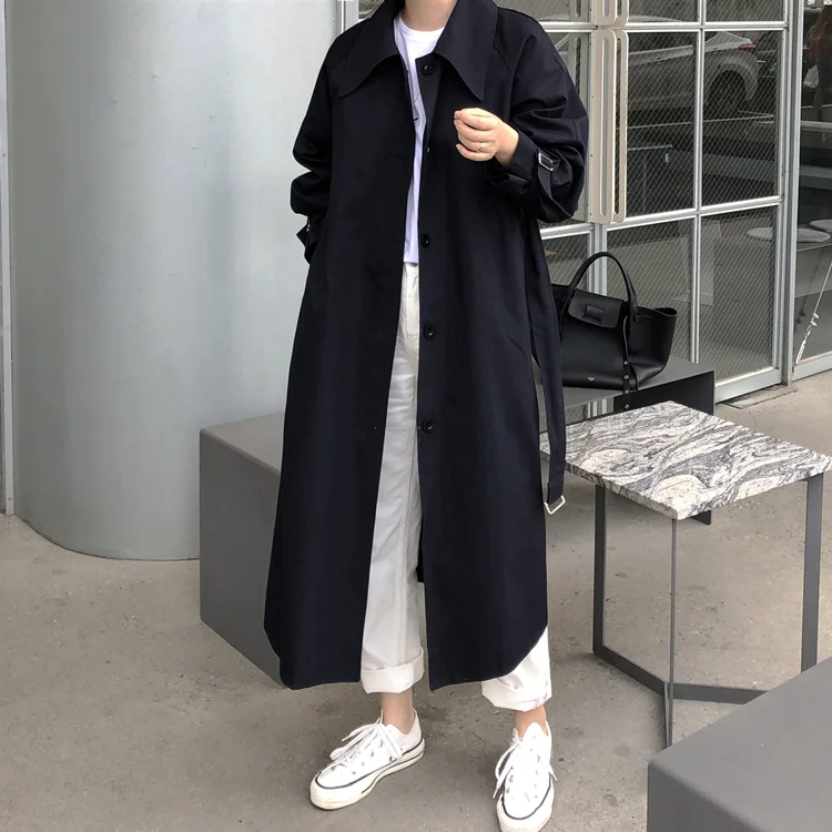 Тёмно-синий Colorfaith New Autumn Winter Women Trench Sashes Lace Up Korean Style Elegant Casual Long Coat Outerwear JK181 - Цвет: Тёмно-синий