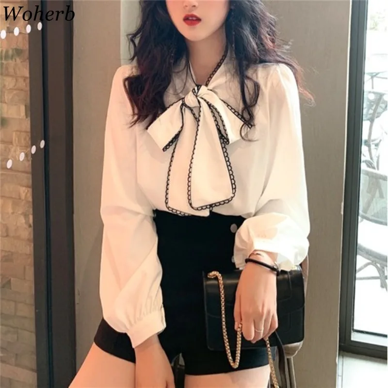 Woherb mujeres camisas de manga larga blanco blusas Vintage coreano Primavera de 2020 agradable arco flojo señoras blusa de oficina dama dulce 92066