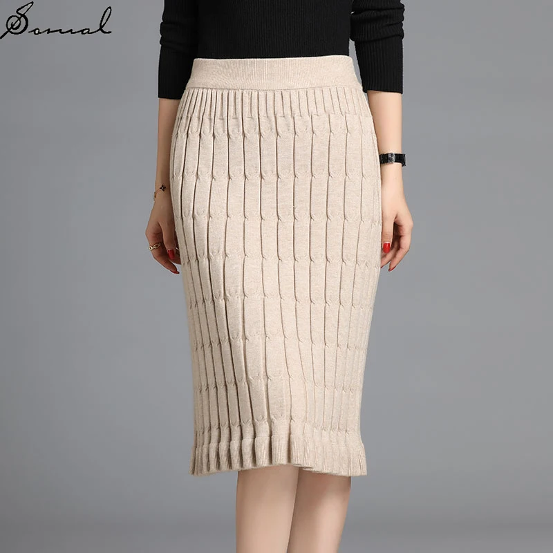 

SOMAL 2020 Autumn Winter Women Ruffle A Line Skirt Knee Length Solid High Waist Knitted Skirts Elegant Fashion Ladies for Party