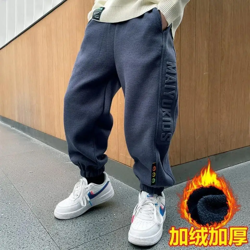 

Autumn Winter Boys Fleece Sports Pant 3-14Y Child Straight Thick Warm 3 Layer Quilted Trousers Kid Elastic Waist Jogger Pants