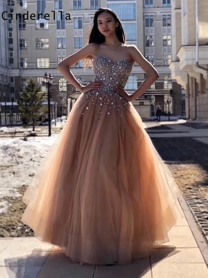 Шампанское Платья для выпускного вечера цвета шампанского милое платье без рукавов длиной до пола из Мягкого Тюля А-силуэта с кристаллами и бисером платье для выпускного вечера vestidos de fiesta de noche - Цвет: Шампанское
