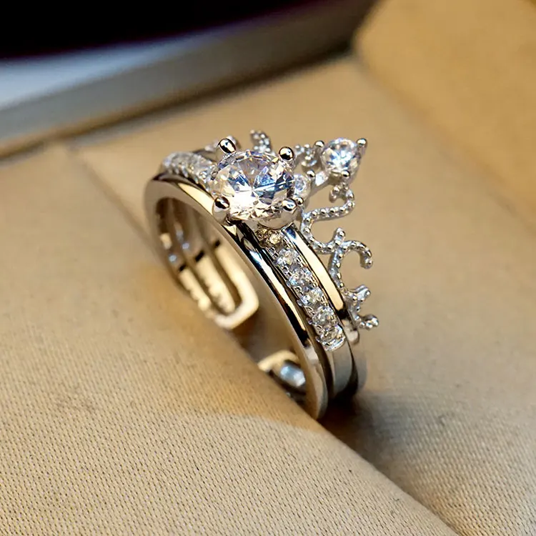 Милый женский набор колец с Королевской короной, Серебряное розовое золото, регулируемое обручальное кольцо, обещающая любовь, циркониевые обручальные кольца для женщин
