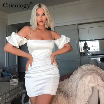 

Chicology thin spaghetti strap short lantern sleeve mini dress women bodycon sexy 2019 autumn winter elegant party club clothes