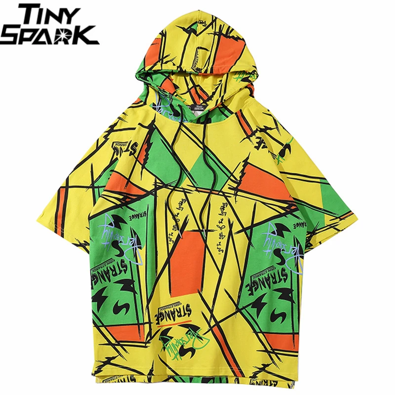 

2020 Men Hip Hop Hooded T Shirt Streetwear Graffiti Color Block Tshirt Harajuku Summer Short Sleeve Hoodie T-Shirt Cotton Tops