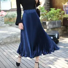 Новинка, 14 цветов, весна-осень, Женская длинная Плиссированная Юбка Макси цвета металлик, серебро, юбка миди, высокая талия, эластичная Повседневная, вечерние, юбка