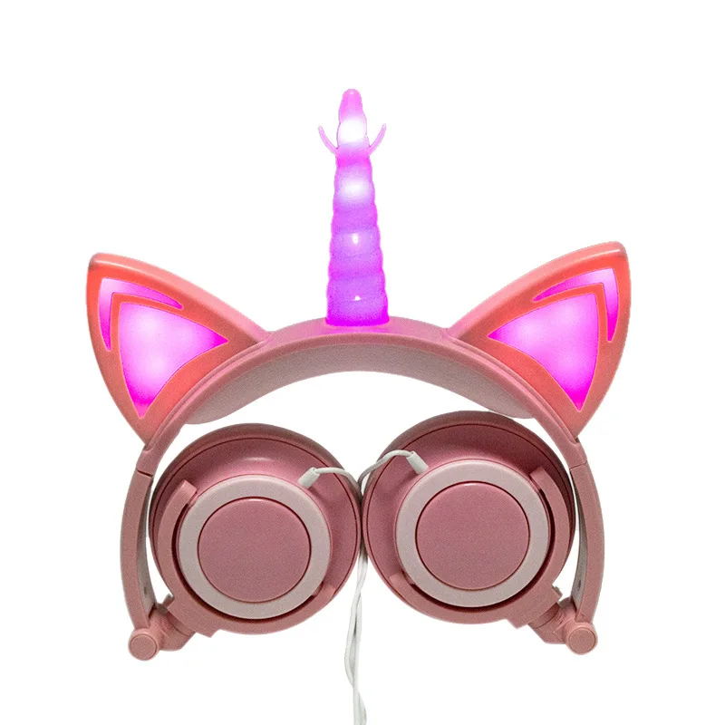 

Pink Cute Cat Ear Unicorn Headphones Wired Foldable Glowing Head Mounted Noise Reduction Kids / Child Headset With Microphone