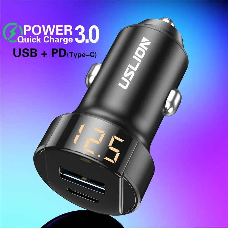 Black Универсальное usb type-c быстрое автомобильное зарядное устройство с светодиодный дисплеем автомобильное зарядное устройство для huawei Xiaomi samsung S8 iPhone 11 - Цвет: Black
