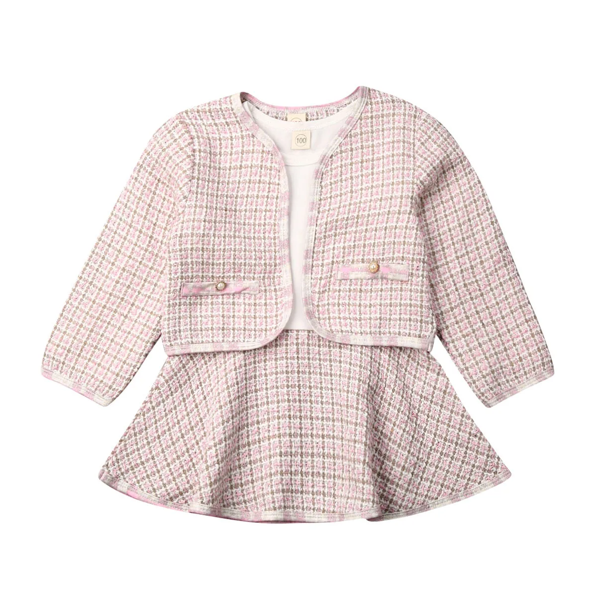 Осенние Вечерние наряды для маленьких девочек клетчатое пальто Топы, платье-пачка торжественный комплект