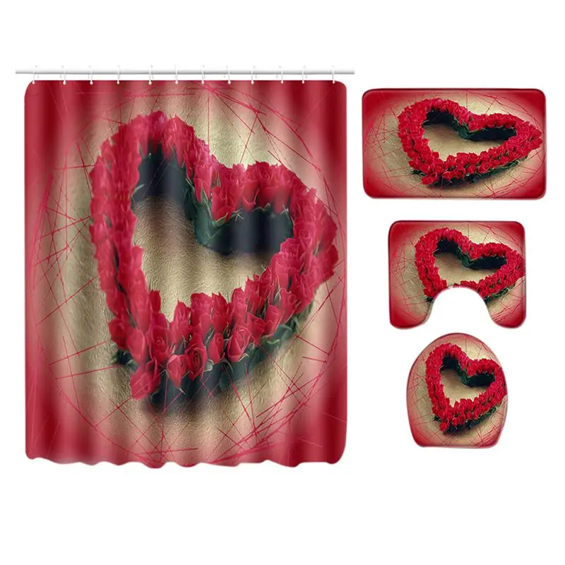 A New Romantic 4Pcs/Set Rose Pattern Non-Slip Home Toilet Pad Cover Bath Mat Shower Curtain Set for Valentine's Day - Цвет: A