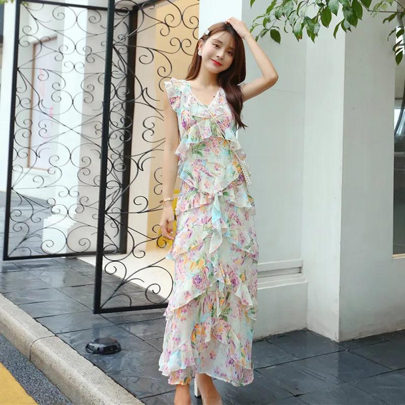 

Long Dress 2019 Summer New Holiday Dress Tourism Series Seaside Printing Layered Ruffled Dress V Neck Brand Beach Maxi Dresses