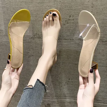 

Slipper Women's 2020 Spring New Style Font Semi-high Heeled Versatile Online Celebrity Transparent Sandals Slipper