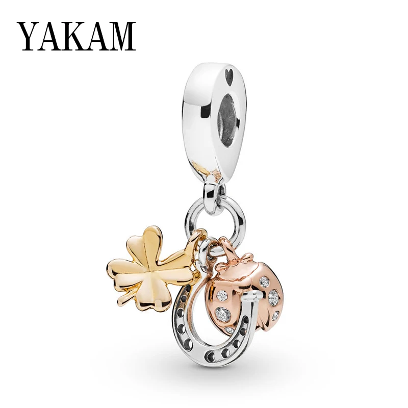 Silver Plate Gold Clover Rose Ladybird Pendant Fit Original Pandora Charms Bracelet Horseshoe Dangle Women Jewelry Gift Berloque