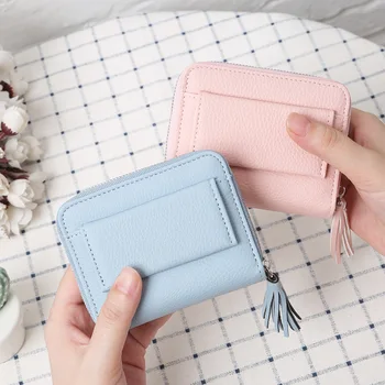 

Women Small Wallet 2020 Fashion Portable Credit Card Holder Korean Style Lychee Pattern Tassel Short Buckle Coin Female Purse