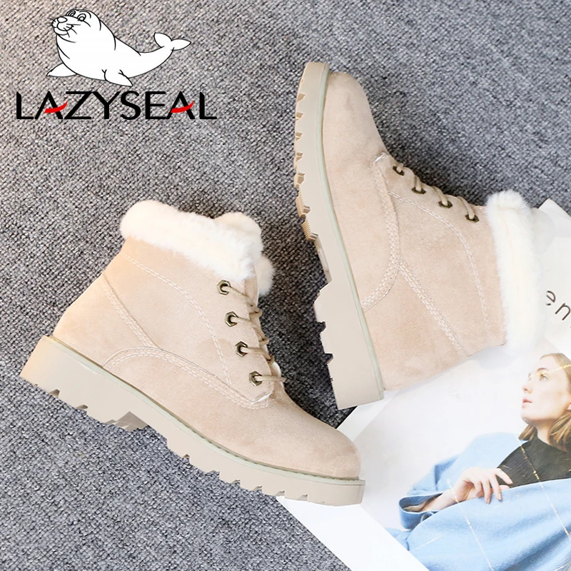 LazySeal/плисовые зимние ботинки женская обувь Новинка г. Женские ботинки из искусственной замши, на шнуровке, теплые меховые ботильоны для женщин