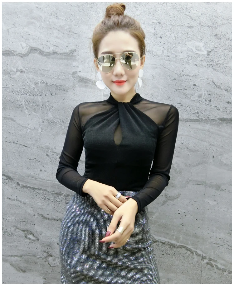 Chemisier Femme, новинка, сетчатая однотонная женская блузка с длинным рукавом, топы, повседневная приталенная рубашка с круглым вырезом, женская одежда, осень 7300 50
