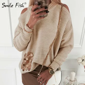 

Sequinned Pullovers Shining Loose Sweater Women Korea Sequin Cold Shoulder Knitted Tops Autumn Winter Long Sleeve Jumper G1014